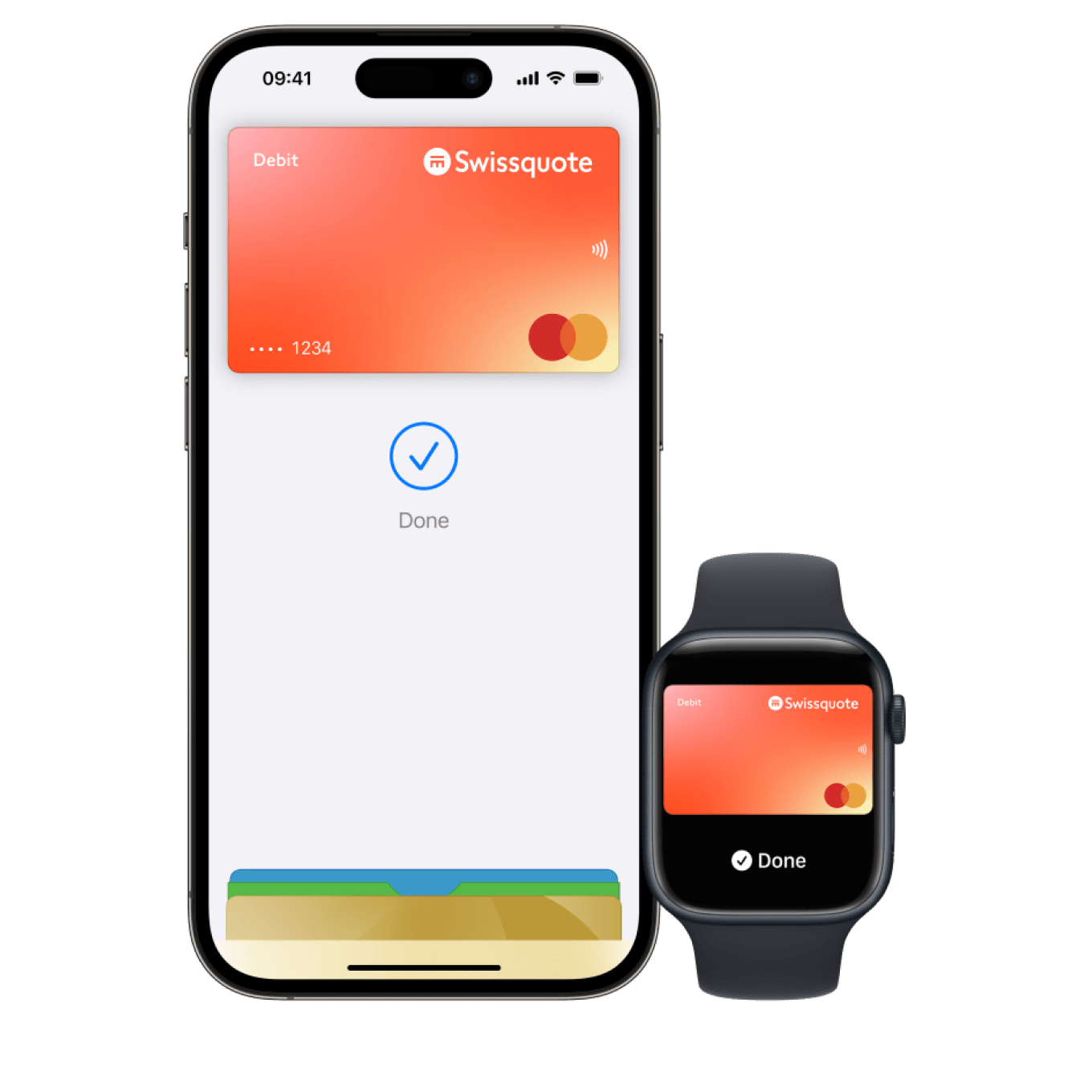 An iphone and an apple watch with the app Apple pay on display