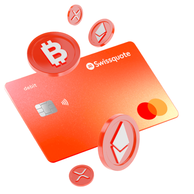 Debit card surrounded by crypto currency coins