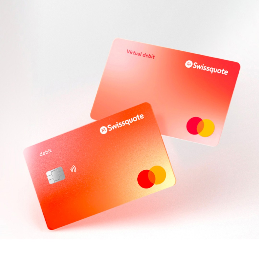 An orange debit card and a virtual debit card floating on a light grey background